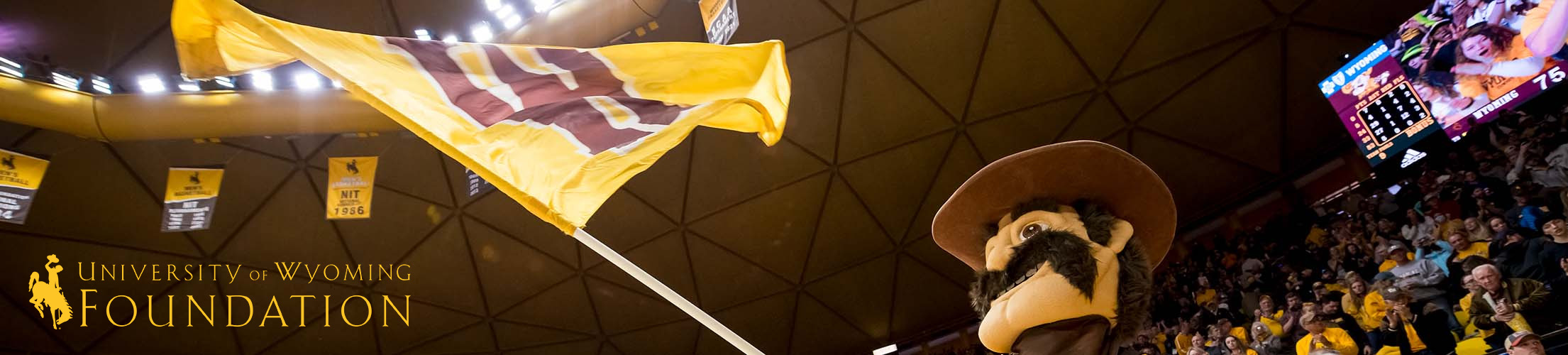 Pistol Pete waves a UW flag after a game.