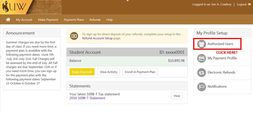 screenshot of student financial portal, authorized user setup
