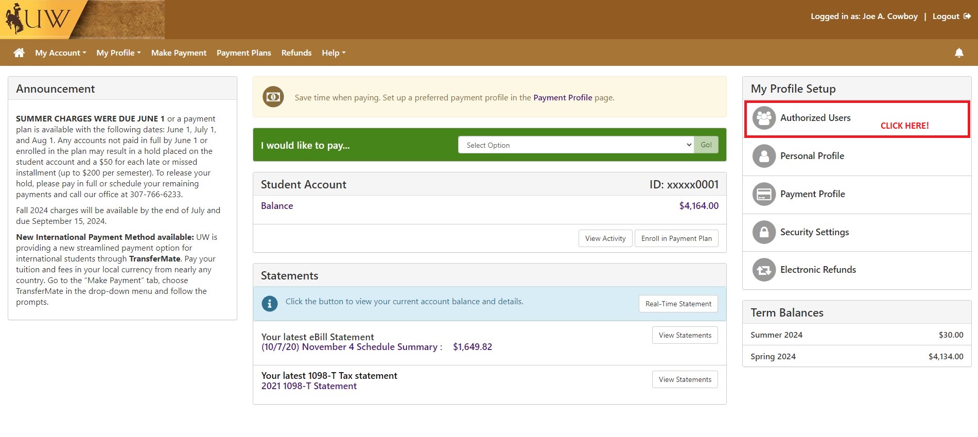 screenshot of student financial portal, authorized user setup