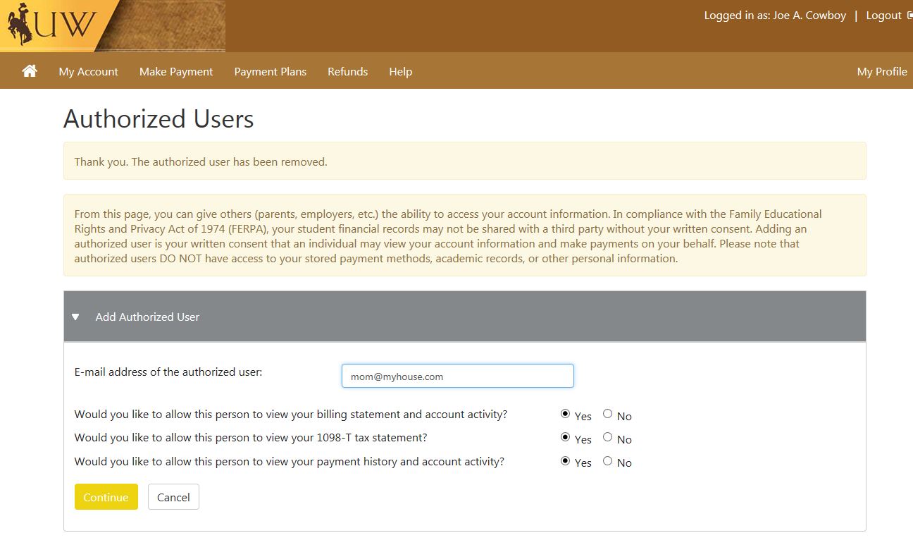 screenshot of student financial portal, authorized user setup