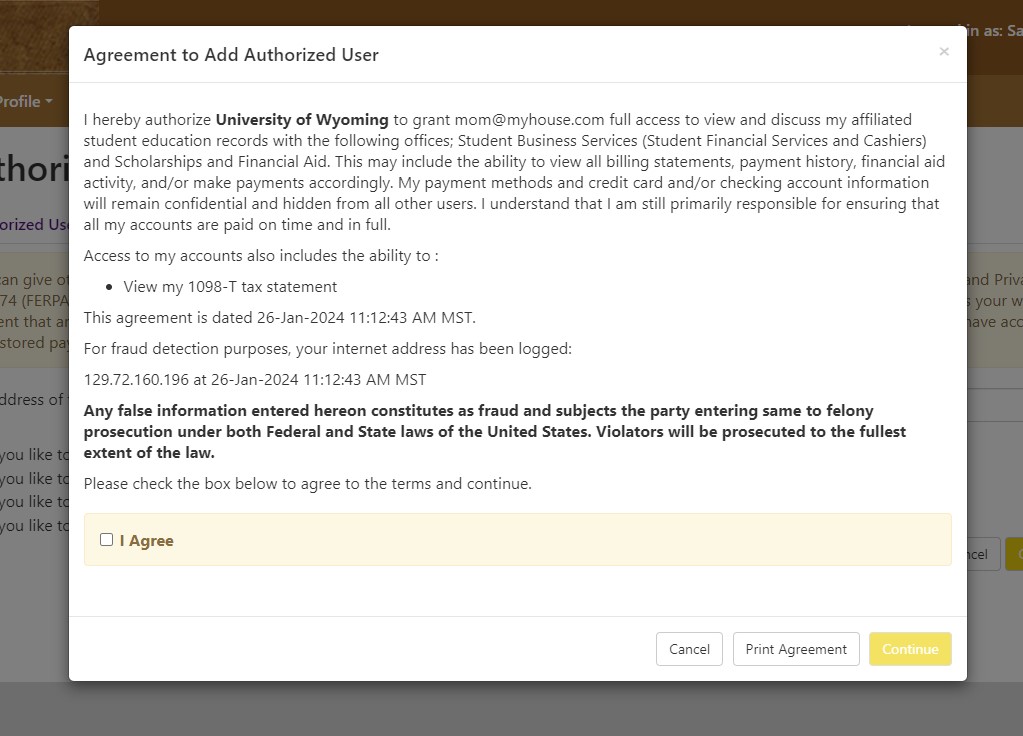 screenshot of student financial portal, authorized user setup, acknowledgement of terms