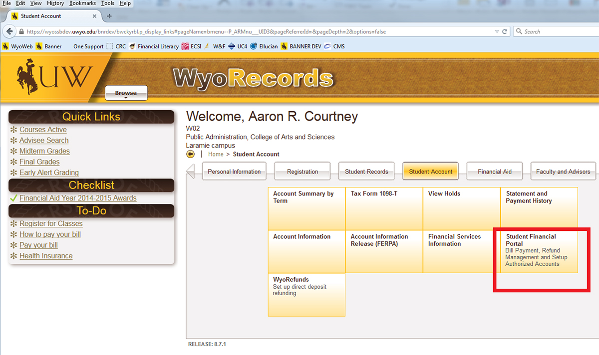 screenshot of Wyo Records, student account, student financial portal