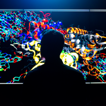 person in front of a screen with colorful abstract graphics
