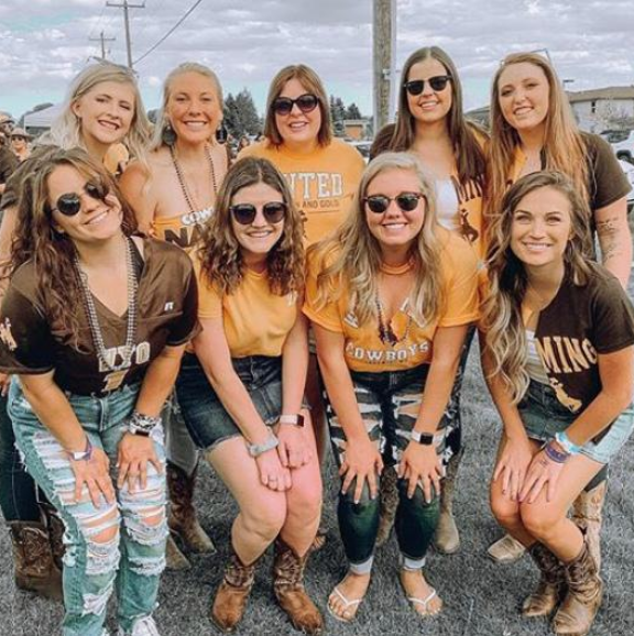 Chi Omega girls pose for a picture at University of Wyoming's 2019 Homecoming game
