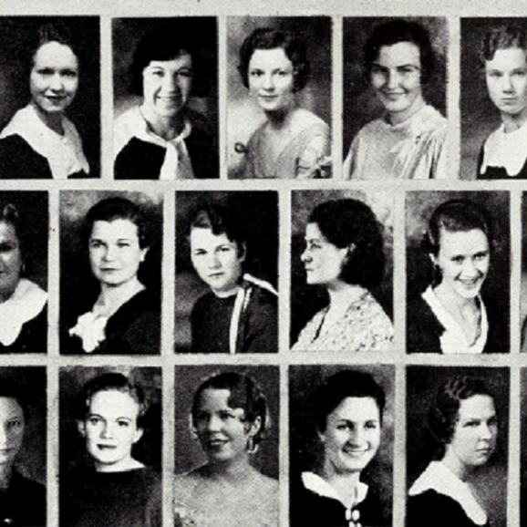 Head shots of the women in Chi Omega in dresses and 30s style hair