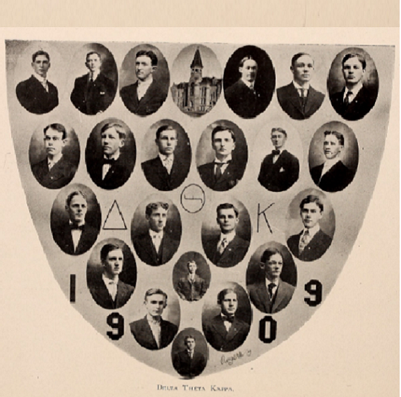 Composite Photo of Delta Theta Kappa fraternity with photo of a church, their letters and the year 1903.