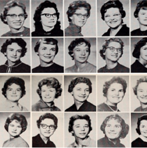 60s hair and outfits, women sit for composite photos