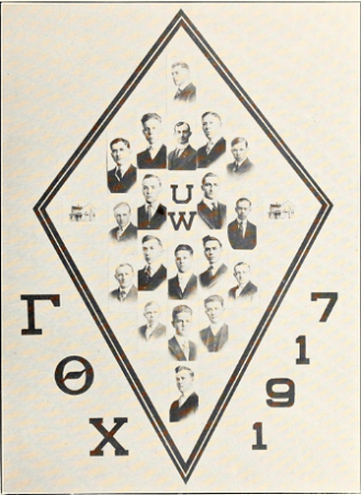19 men in a diamond shape composite with the letters Gamma Theta Chi and the year 1917