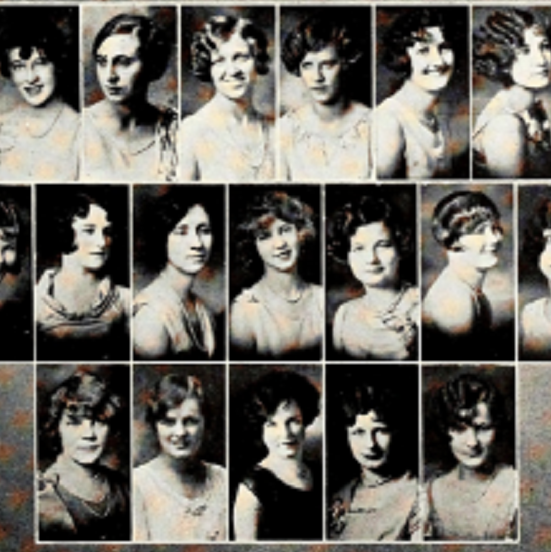 Black and white composite photo all in light dresses and 20s hairstyles
