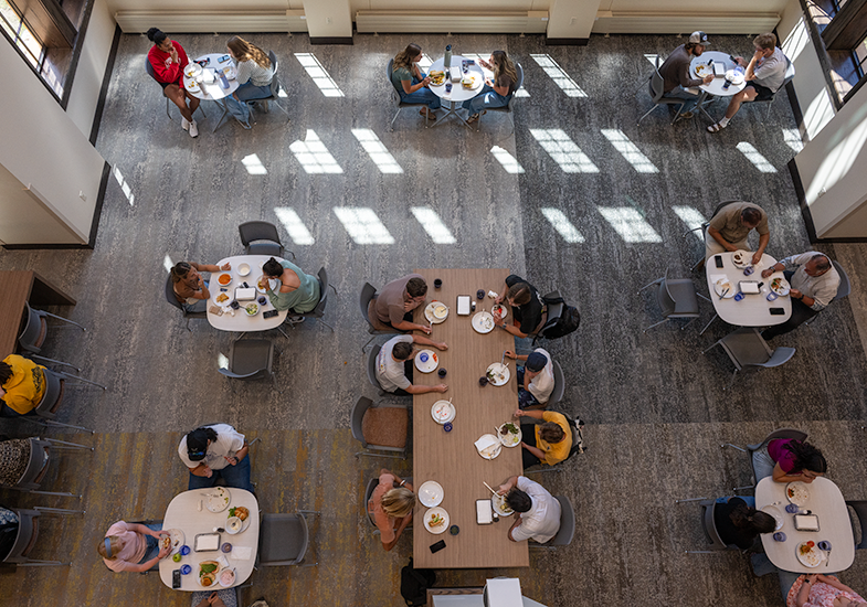 University of Wyoming dining hall from floor 2 looking down to floor 1 diners