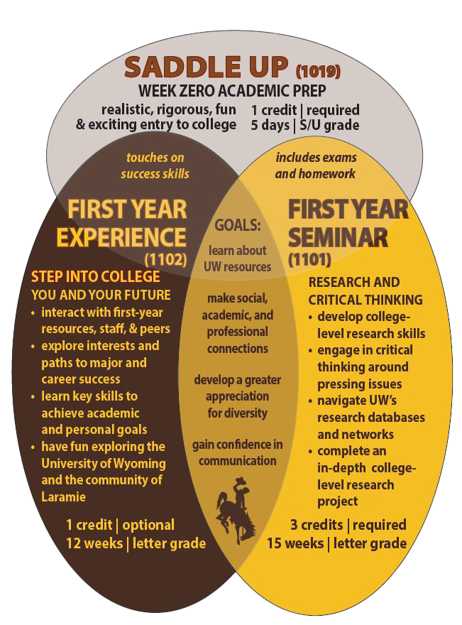 venn diagram showing differences between the fye course, the fys course, and saddle up. FYE course is all about you, the student