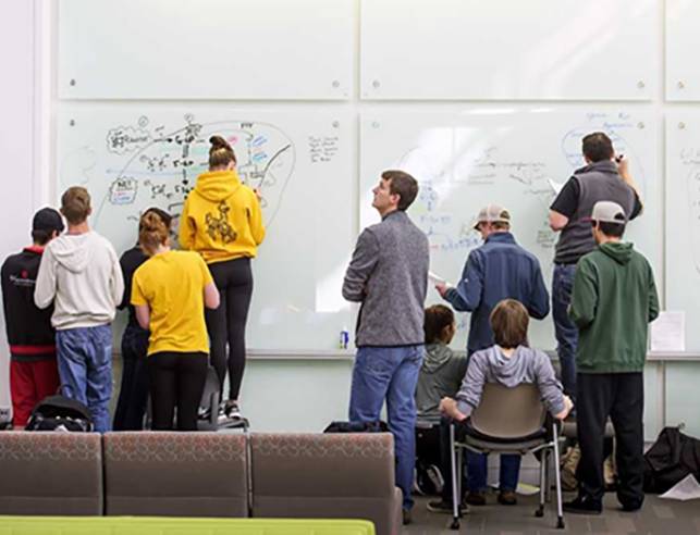 students work out problems during class on a large white board