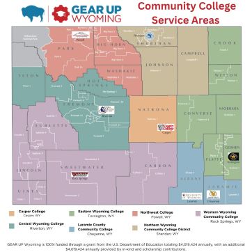 Color coded map of GEAR UP Wyoming community college service areas.
