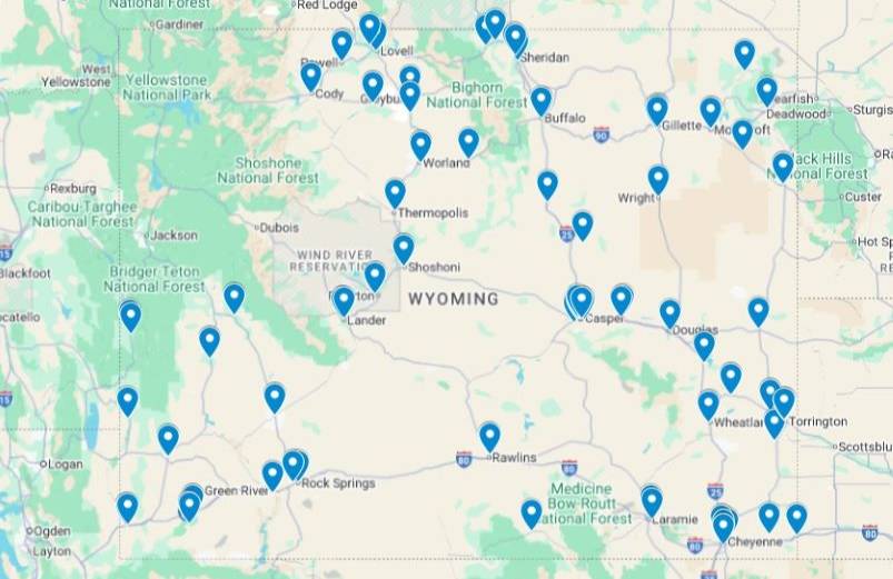 Map of Wyoming featuring pins representing each GEAR UP Wyoming partner school