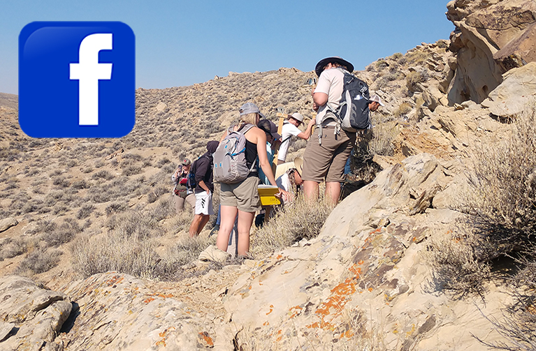 Students on a hike with Facebook icon in top left corner