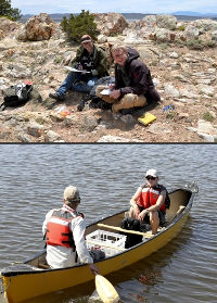 Undergraduate studying Tensleep sandstone, and taking water samples from Seminoe Reservoir.