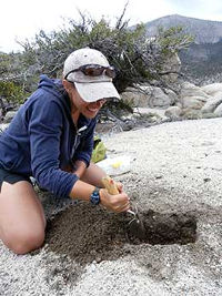 A woman samples sediment.