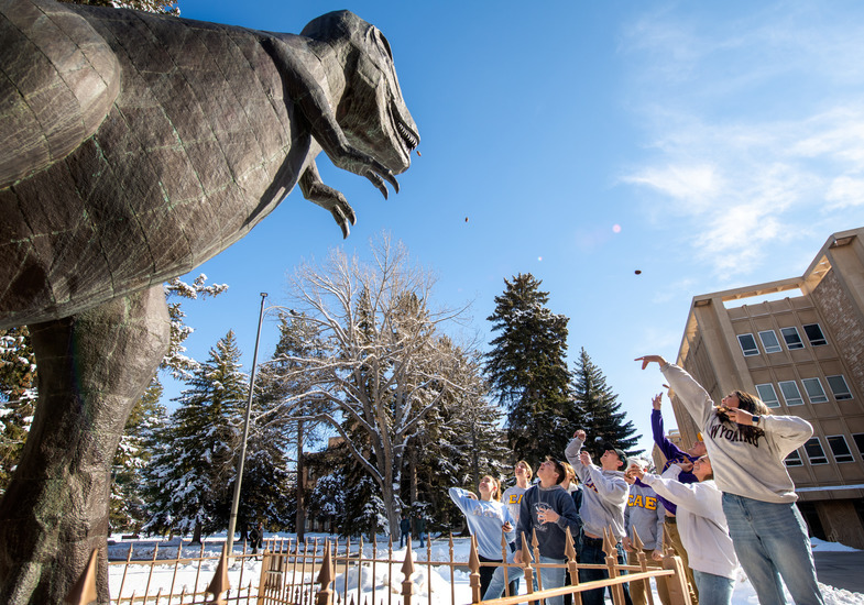 A group of students attempts to throw pinecones into Rexy’s mouth for good luck during UW’s finals week.
