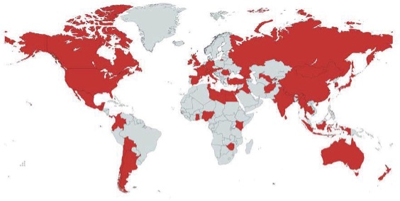 map of wrold with 54 countries highlighted red