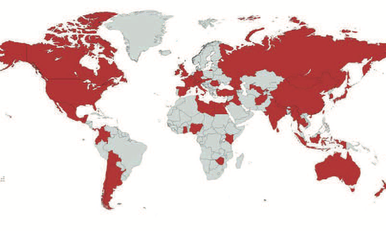 map of the world with 54 countries highlighted