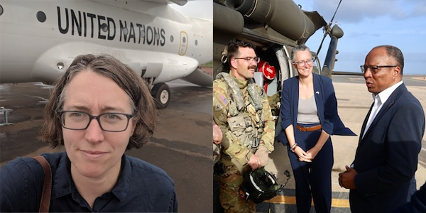 Margaret in front of a plane in left image, and with a diplomat and soldier in front of another plane in right picture