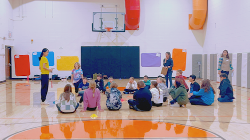 Bettie teaching jump rope at Laramie Middle School, in the gym