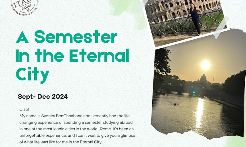 postcard image of Sydney BenChaabane in Rome, with the title A Semester in the Eternal City