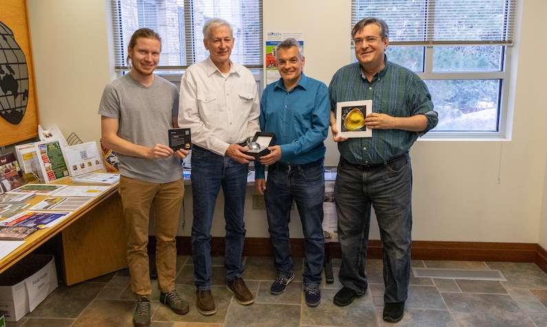 Cedar WIseman, Ed Seidel, Tamás Novák, and Jason Williford with the gömböc