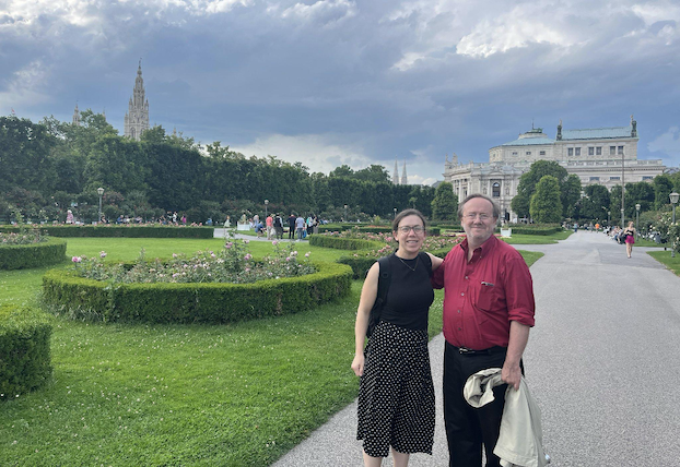 Two faculty in garden in UK