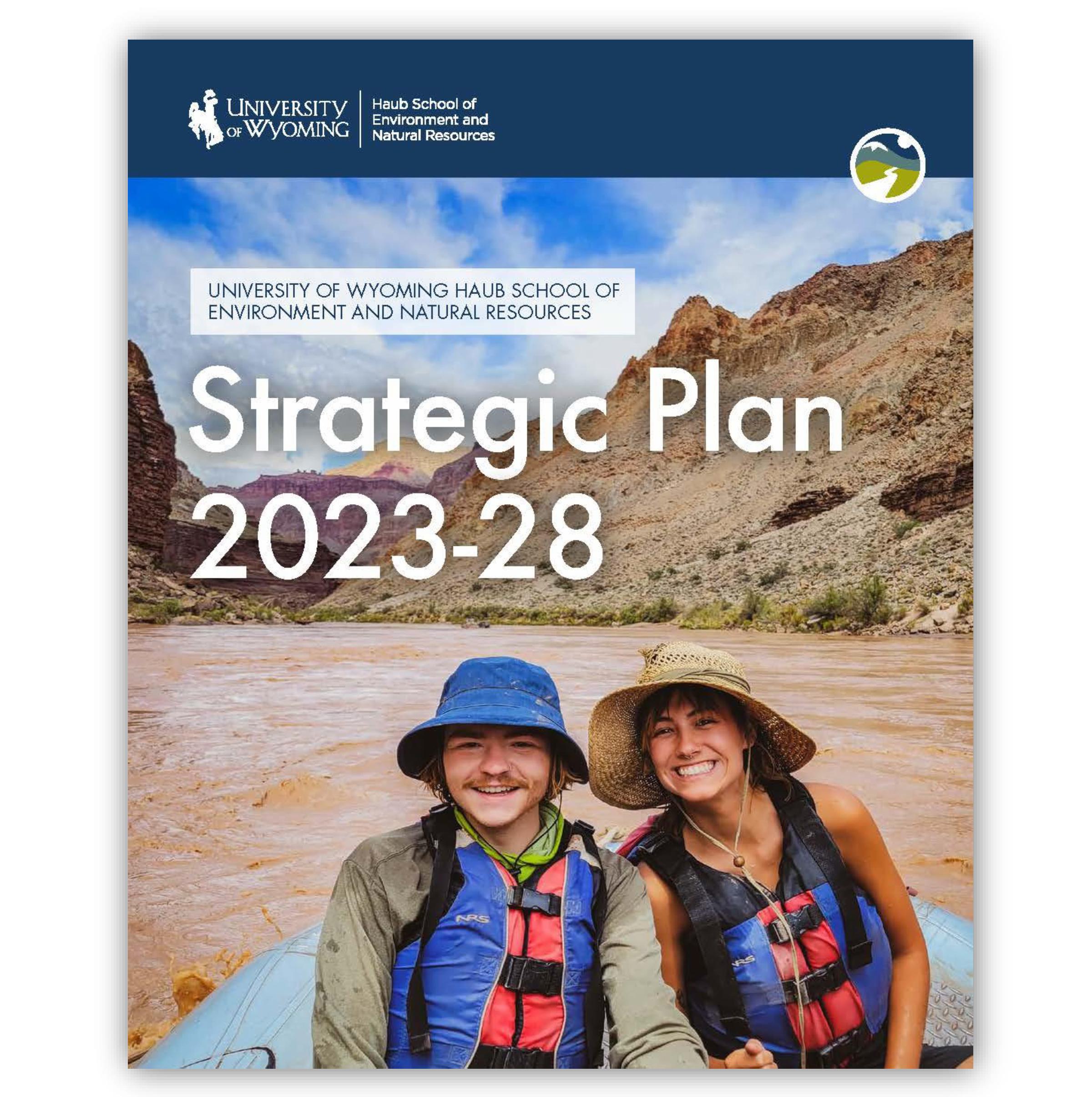 23-28 strategic plan cover photo, two students sit on a raft
