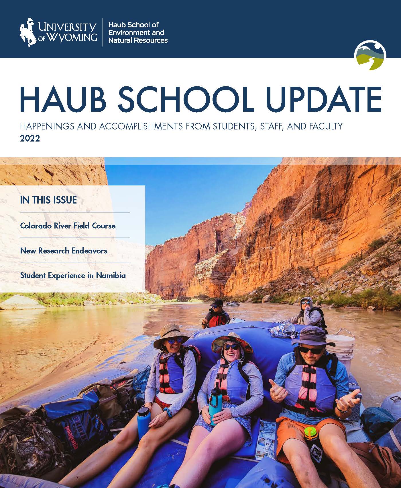 Cover of Haub School Update 2022 with image of three people rafting the Grand Canyon