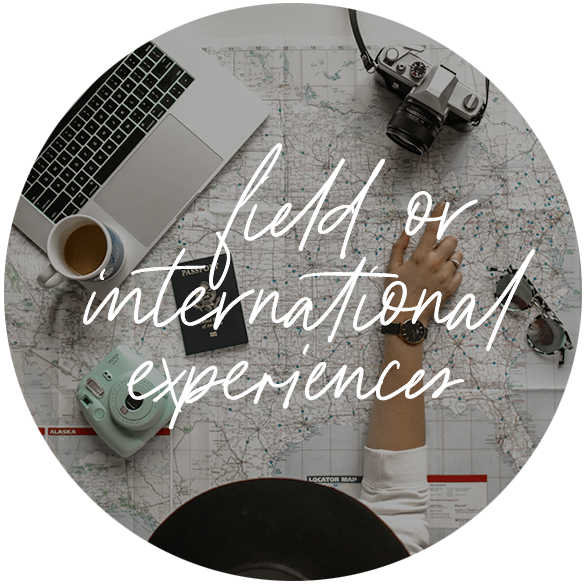 Field or international experiences over woman looking at map