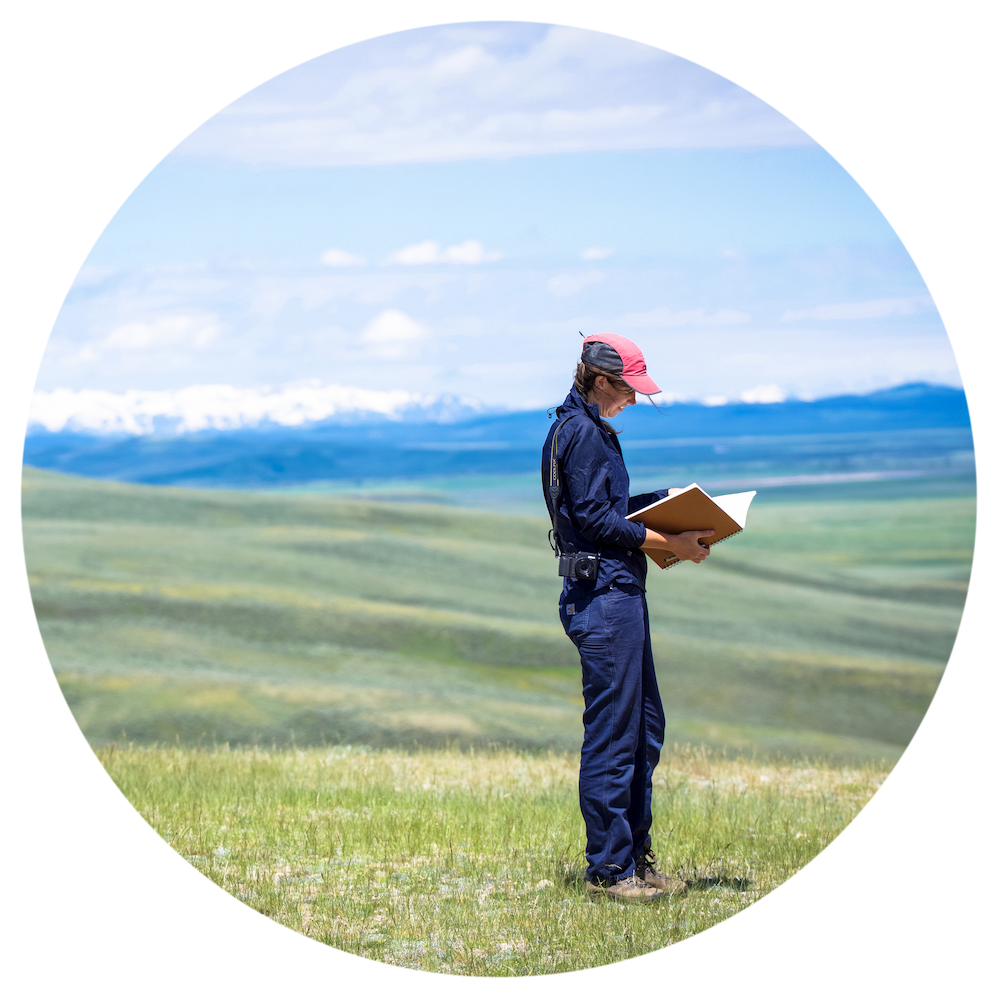 student walking in field with notebook