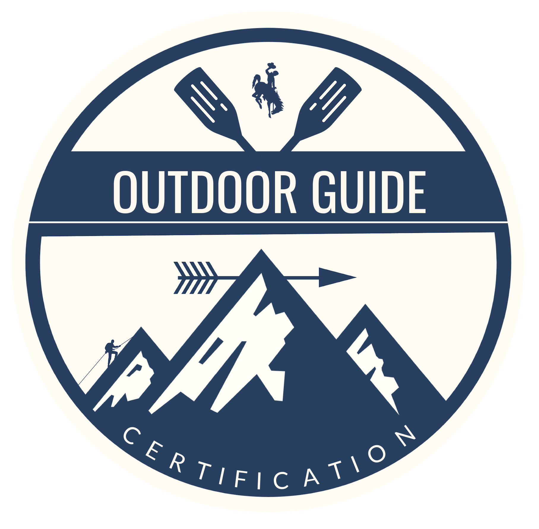 A round logo with blue colors and the words outdoor guide certification