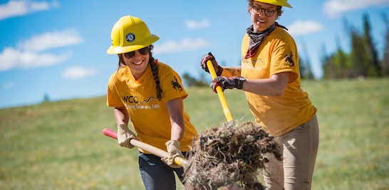 two people wearing hardhats are shoveling