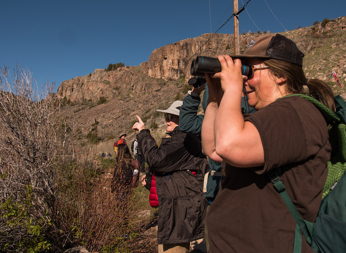 In a group of naturalists, a woman looks through binoculars