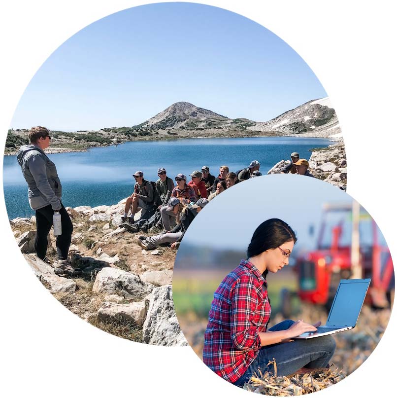 students in an outdoor classroom and female on laptop