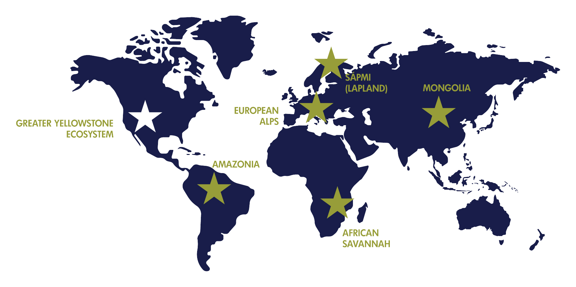Map with stars on the focus landscapes (see adjacent text for locations)