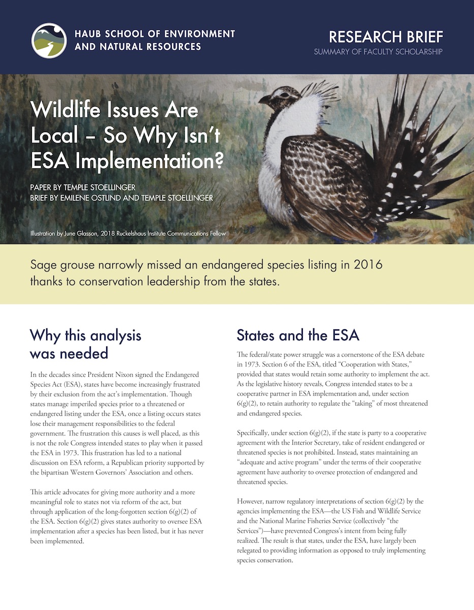 Thumbnail image of research brief cover with words "Wildlife Issues are Local – So Why Isn't ESA Implementation?"