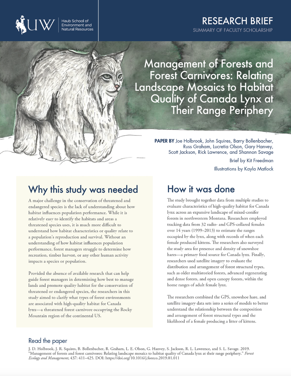 Thumbnail image of research brief cover with words "Management of Forests and Forest Carnivores: Relating Landscape Mosaics to Habitat Quality of Canada Lynx at Their Range Periphery"