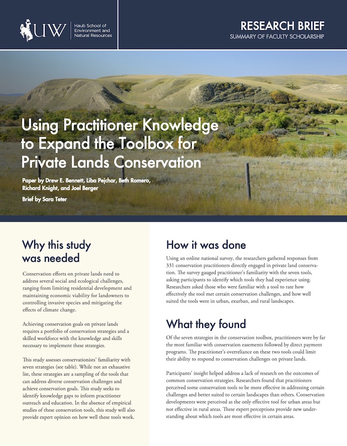 Cover of research brief titled "Using Practitioner Knowledge to Expand the Toolbox for Private Lands Conservation" with a photo of a hay field