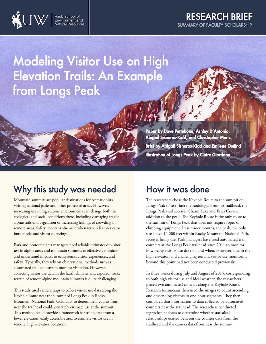 Thumbnail image of research brief cover with words "Modeling Visitor Use on High Elevation Trails: An Example from Long's Peak"