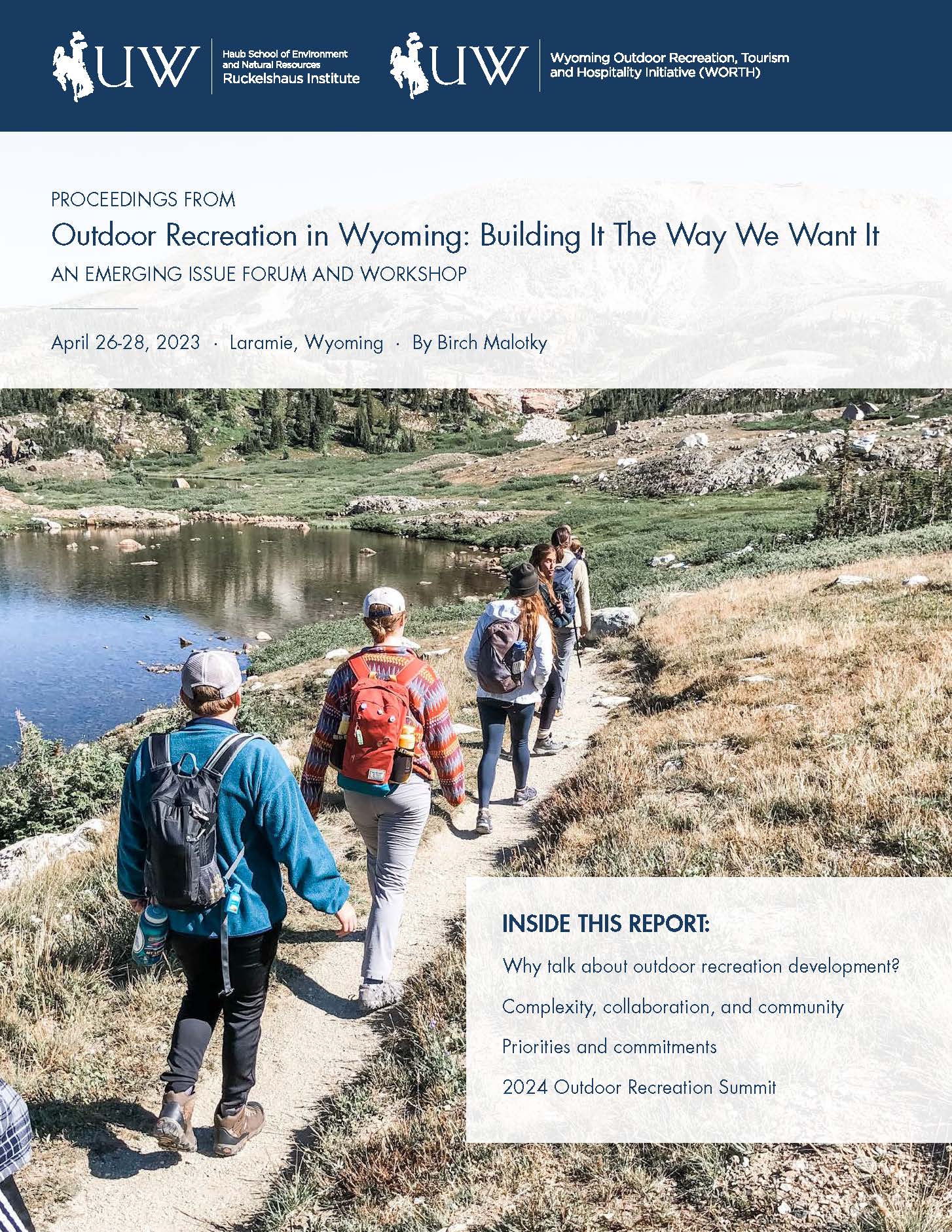 The cover of the outdoor recreation forum proceedings showing a group of people hiking in the snowy mountains