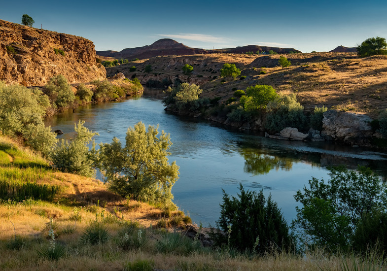 Trees line a river bank with buttes in the background