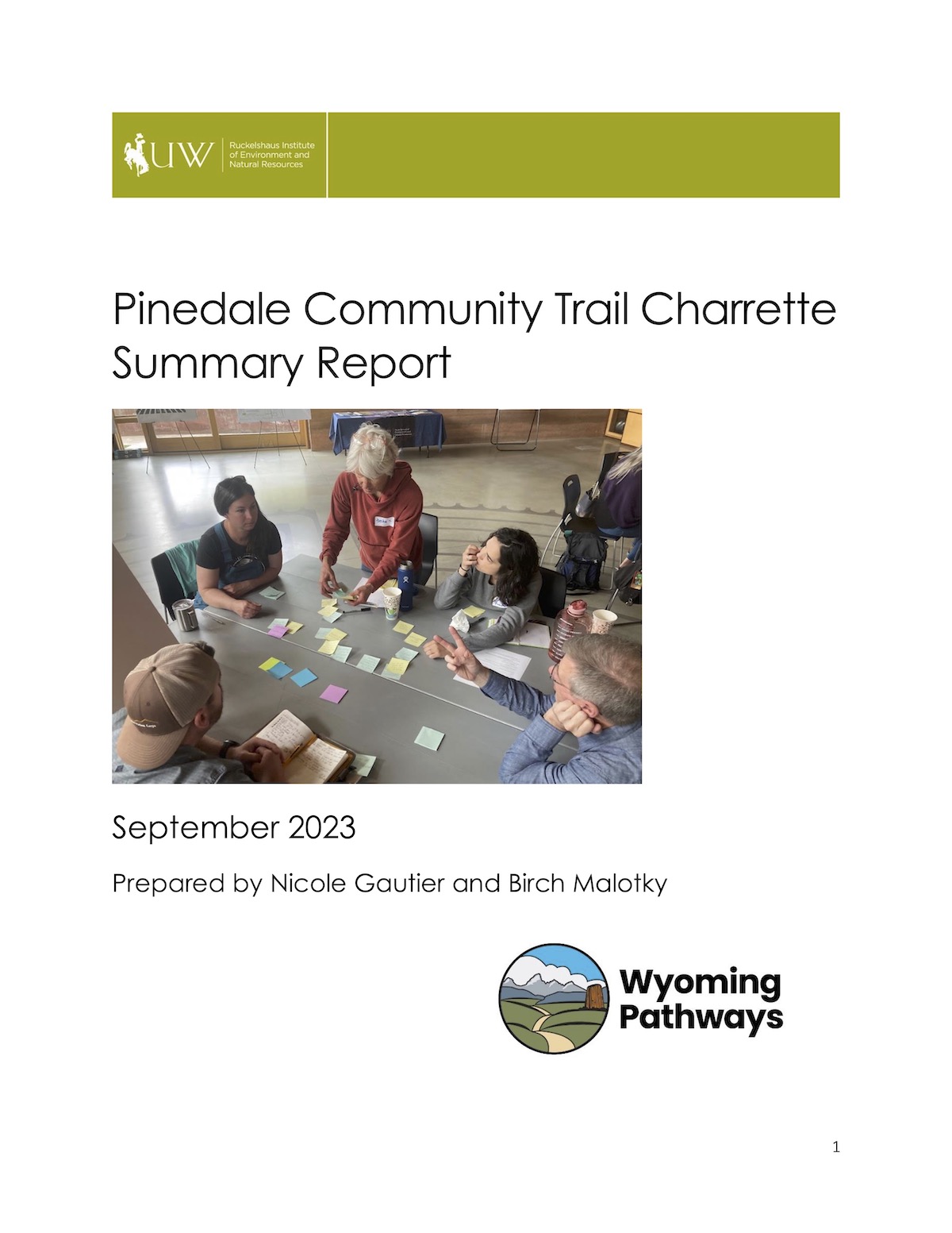 Cover of Pinedale Community Trail Charrette Summary Report with image of people gathered around a table using sticky notes.