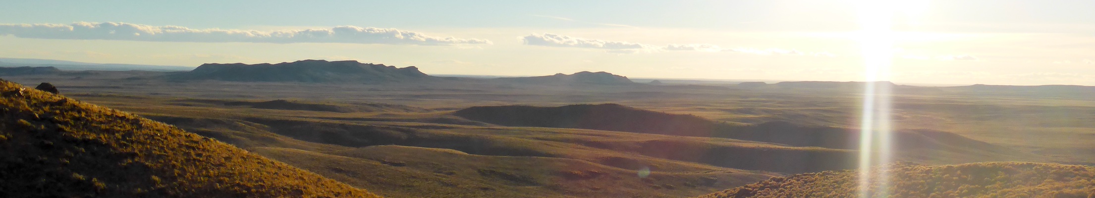 Photo of rolling sagebrush and distant buttes in sunlight.