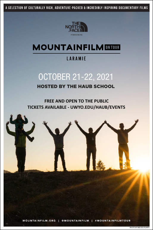 Poster for MountainFilm tour stop at the Haub School, 2021, showing sillouhette of people in front of sunset.