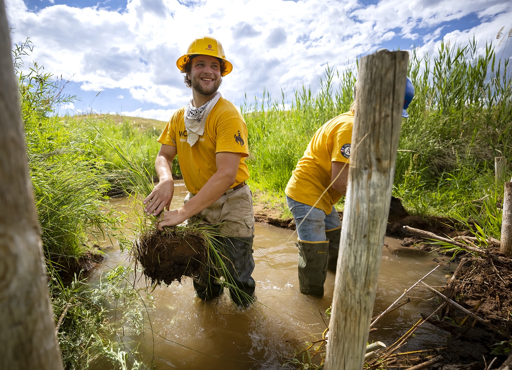 A crew member builds a beaver dam analog in a stream