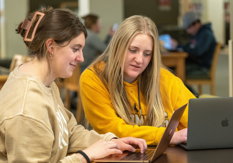 Students working on laptops in Coe Library