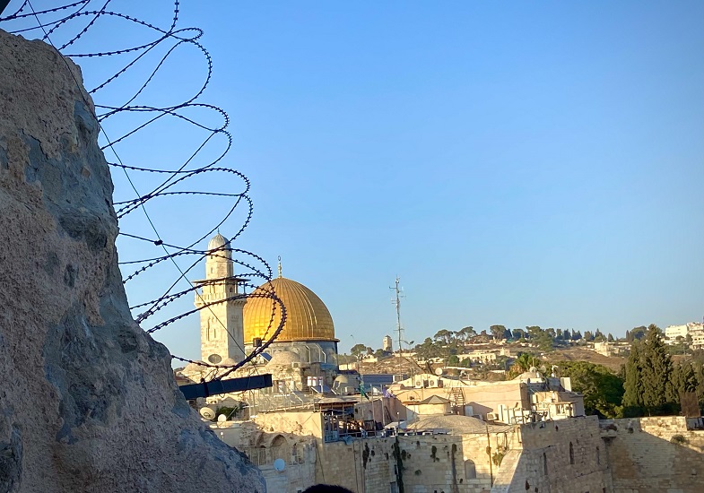 A barbed wire on the top of crumbling wall and buildings in the background.